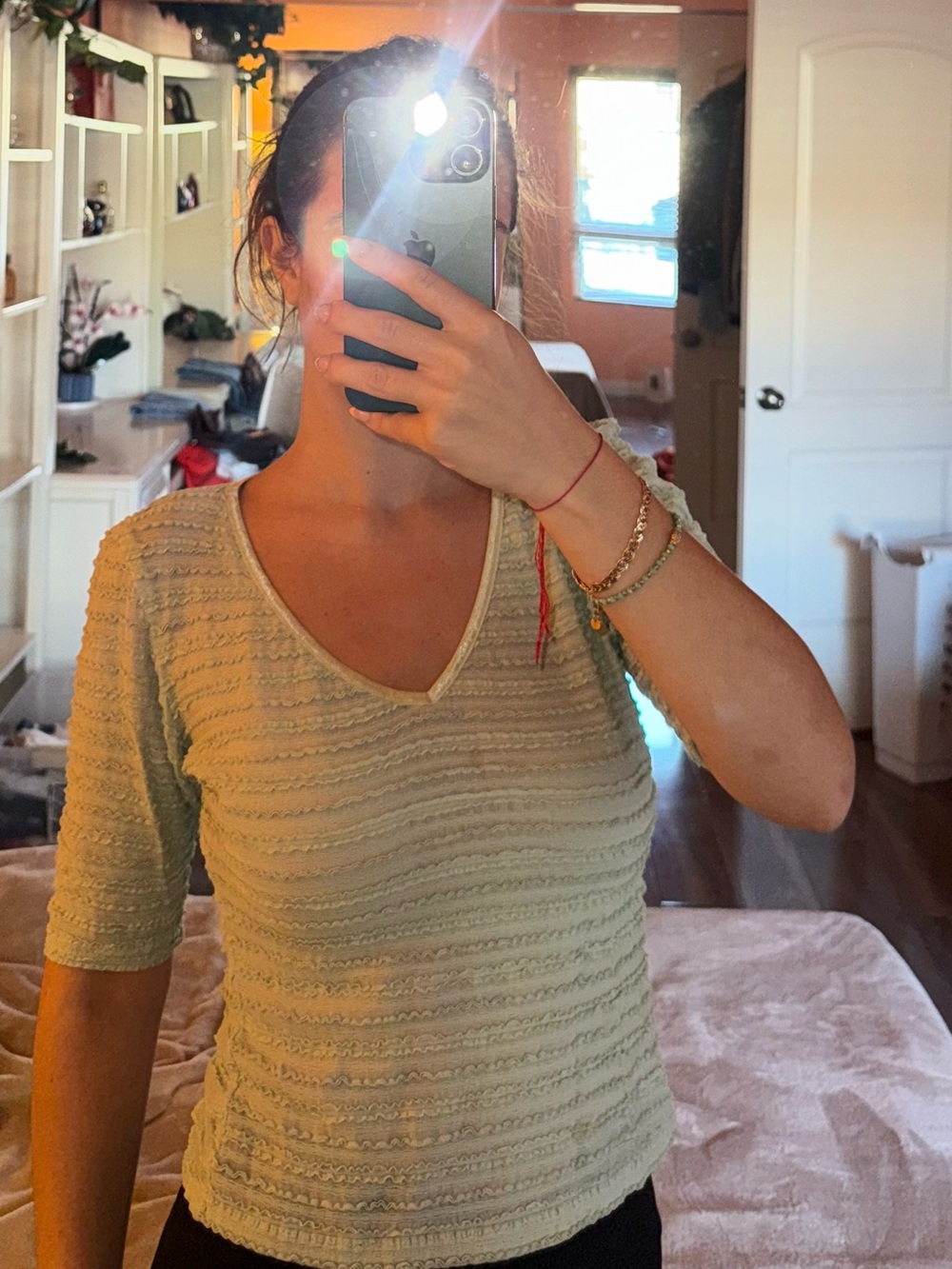 Textured V-Neck Short Sleeve Top in Light Sage